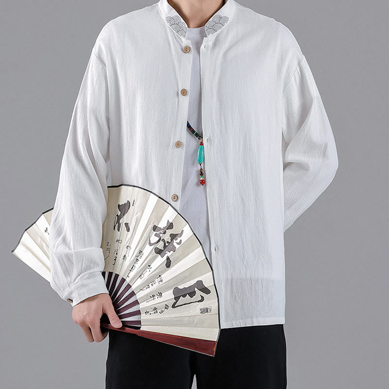 Buddha Stones Embroidered Auspicious Clouds Stand Collar Button Down Long Sleeve Men's Cotton Shirt - image 8