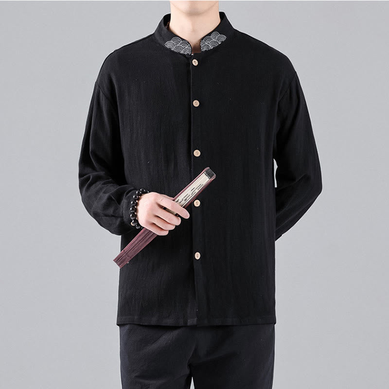 Buddha Stones Embroidered Auspicious Clouds Stand Collar Button Down Long Sleeve Men's Cotton Shirt - image 4