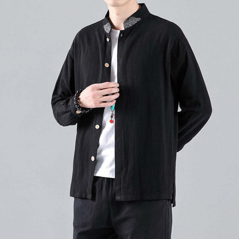 Buddha Stones Embroidered Auspicious Clouds Stand Collar Button Down Long Sleeve Men's Cotton Shirt - Black - US/UK/AU46，EU56 (5XL) - image 1