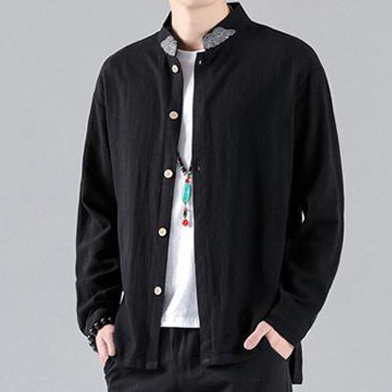 Buddha Stones Embroidered Auspicious Clouds Stand Collar Button Down Long Sleeve Men's Cotton Shirt - image 5