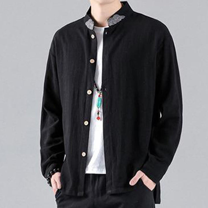 Buddha Stones Embroidered Auspicious Clouds Stand Collar Button Down Long Sleeve Men's Cotton Shirt - image 5