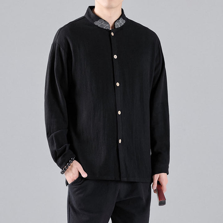 Buddha Stones Embroidered Auspicious Clouds Stand Collar Button Down Long Sleeve Men's Cotton Shirt - image 6
