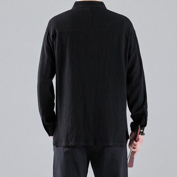 Buddha Stones Embroidered Auspicious Clouds Stand Collar Button Down Long Sleeve Men's Cotton Shirt - image 3