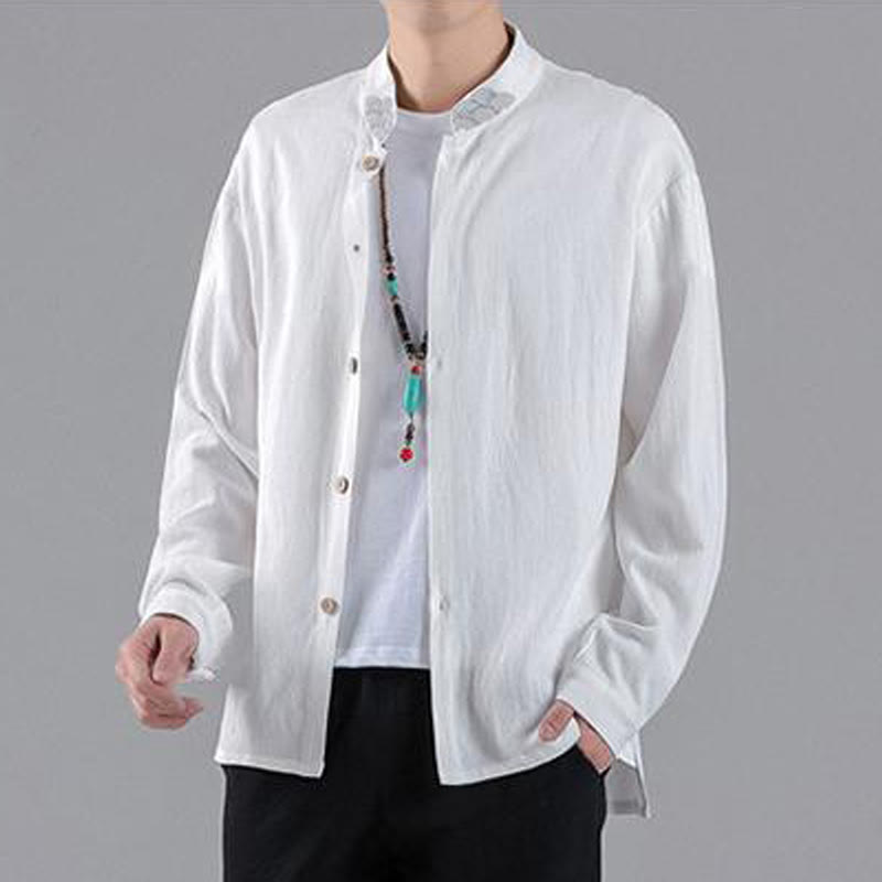 Buddha Stones Embroidered Auspicious Clouds Stand Collar Button Down Long Sleeve Men's Cotton Shirt - image 10