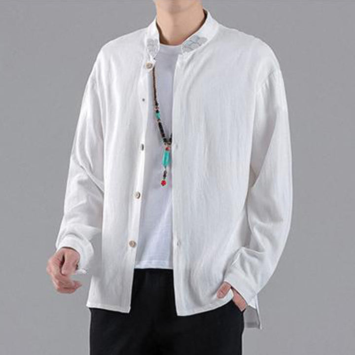 Buddha Stones Embroidered Auspicious Clouds Stand Collar Button Down Long Sleeve Men's Cotton Shirt - image 10