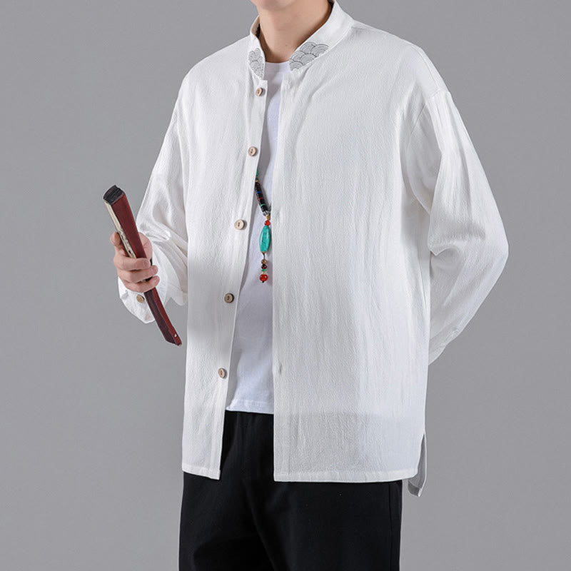 Buddha Stones Embroidered Auspicious Clouds Stand Collar Button Down Long Sleeve Men's Cotton Shirt - image 14