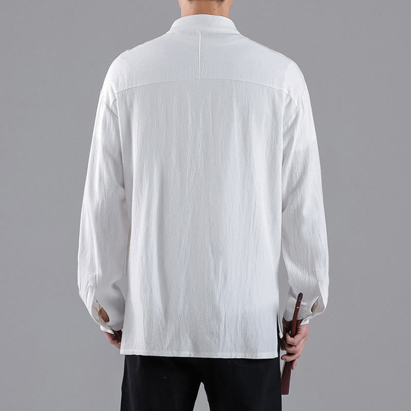 Buddha Stones Embroidered Auspicious Clouds Stand Collar Button Down Long Sleeve Men's Cotton Shirt - image 9