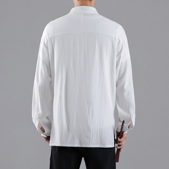 Buddha Stones Embroidered Auspicious Clouds Stand Collar Button Down Long Sleeve Men's Cotton Shirt - image 9