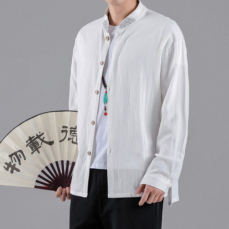 Buddha Stones Embroidered Auspicious Clouds Stand Collar Button Down Long Sleeve Men's Cotton Shirt - image 12