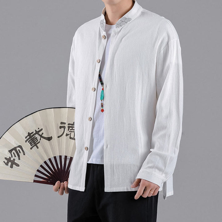 Buddha Stones Embroidered Auspicious Clouds Stand Collar Button Down Long Sleeve Men's Cotton Shirt - image 12