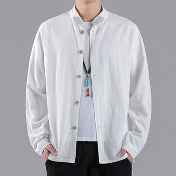 Buddha Stones Embroidered Auspicious Clouds Stand Collar Button Down Long Sleeve Men's Cotton Shirt - White - US/UK/AU46，EU56 (5XL) - image 7