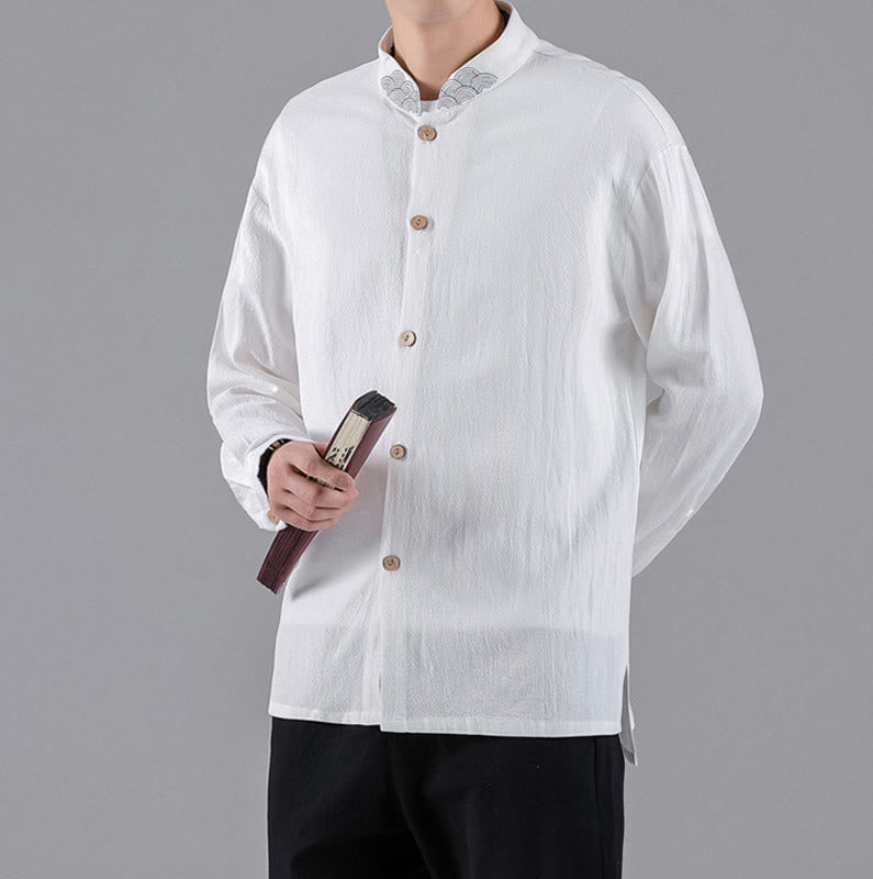 Buddha Stones Embroidered Auspicious Clouds Stand Collar Button Down Long Sleeve Men's Cotton Shirt - image 11