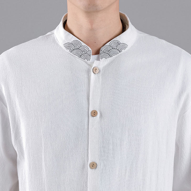 Buddha Stones Embroidered Auspicious Clouds Stand Collar Button Down Long Sleeve Men's Cotton Shirt - image 15