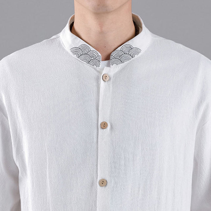 Buddha Stones Embroidered Auspicious Clouds Stand Collar Button Down Long Sleeve Men's Cotton Shirt - image 15