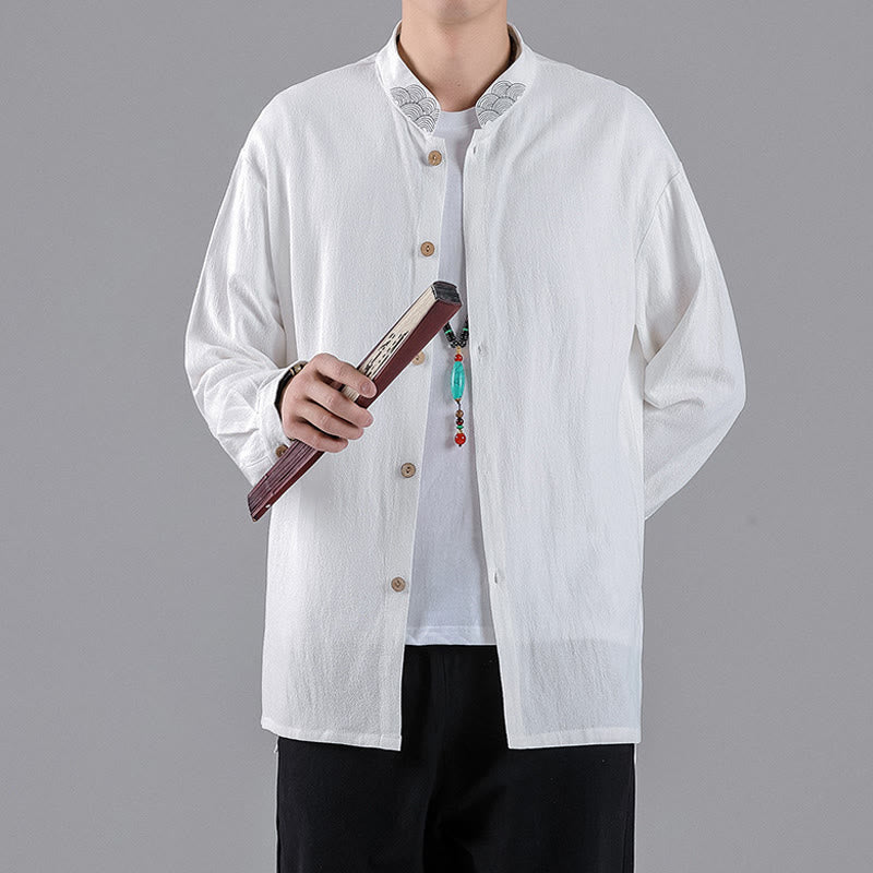Buddha Stones Embroidered Auspicious Clouds Stand Collar Button Down Long Sleeve Men's Cotton Shirt - image 13
