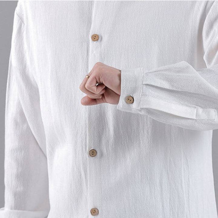 Buddha Stones Embroidered Auspicious Clouds Stand Collar Button Down Long Sleeve Men's Cotton Shirt - image 17