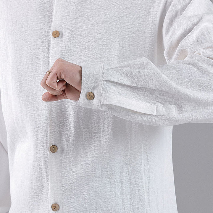 Buddha Stones Embroidered Auspicious Clouds Stand Collar Button Down Long Sleeve Men's Cotton Shirt - image 18
