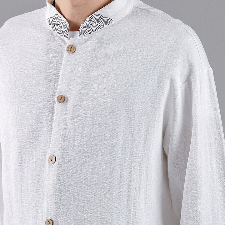 Buddha Stones Embroidered Auspicious Clouds Stand Collar Button Down Long Sleeve Men's Cotton Shirt - image 16