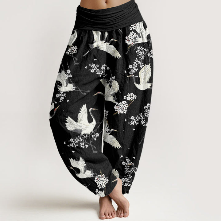 Buddha Stones Casual Elegant Crane Flower Pattern Women's Elastic Waist Harem Pants - Black - US22，UK/AU26，EU54 (6XL) - image 0
