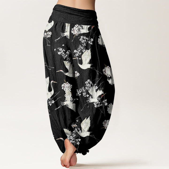 Buddha Stones Cotton Casual Elegant Crane Flower Pattern Women's Elastic Waist Harem Pants - image 2