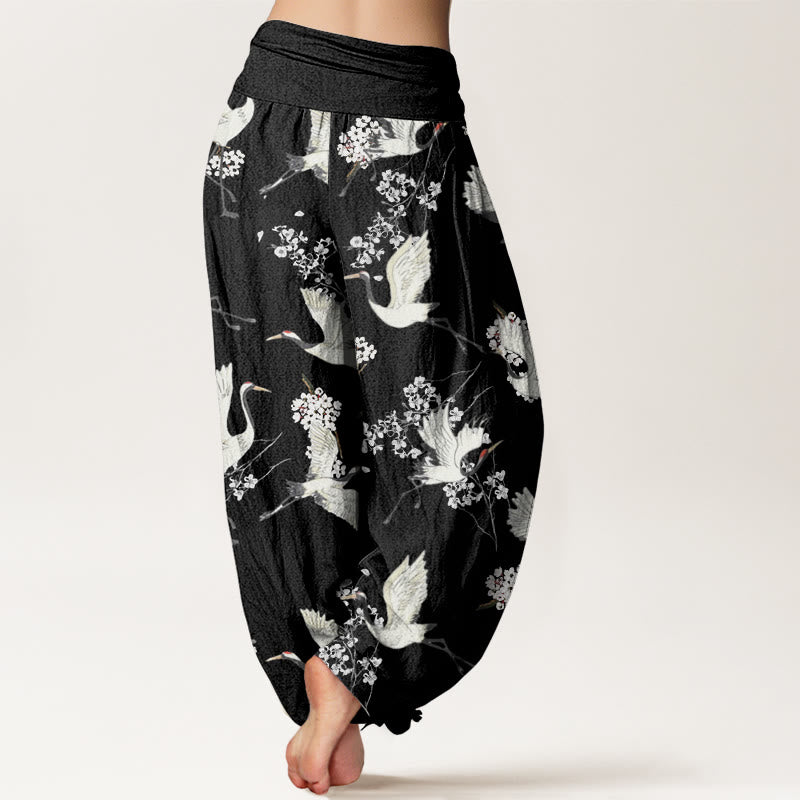 Buddha Stones Casual Elegant Crane Flower Pattern Women's Elastic Waist Harem Pants - image 2