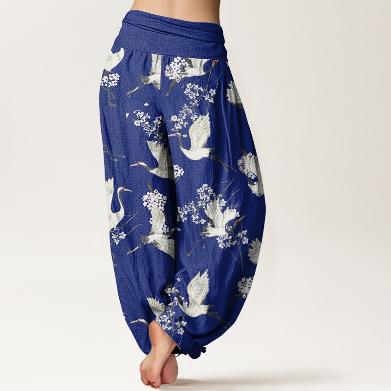 Buddha Stones Casual Elegant Crane Flower Pattern Women's Elastic Waist Harem Pants - image 6