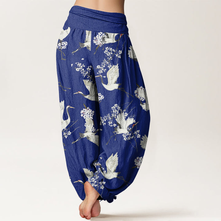 Buddha Stones Casual Elegant Crane Flower Pattern Women's Elastic Waist Harem Pants - image 6