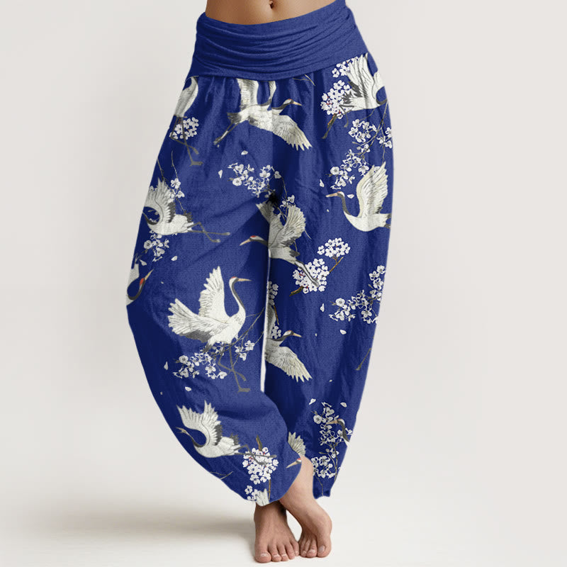 Buddha Stones Casual Elegant Crane Flower Pattern Women's Elastic Waist Harem Pants - MediumBlue - US22，UK/AU26，EU54 (6XL) - image 4