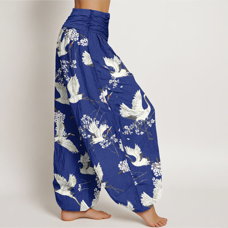 Buddha Stones Casual Elegant Crane Flower Pattern Women's Elastic Waist Harem Pants - image 5