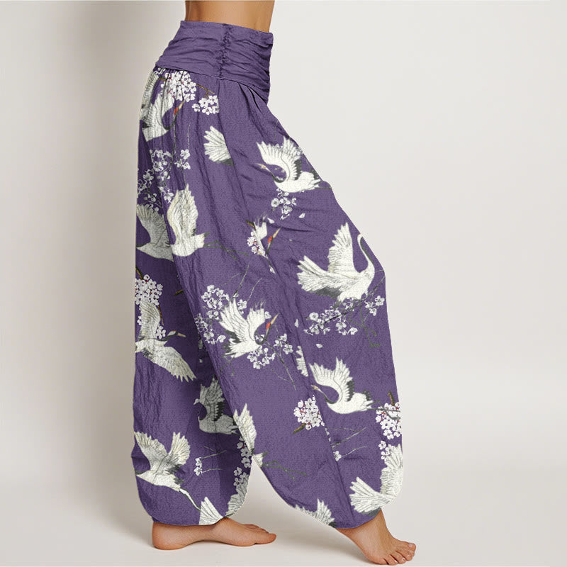 Buddha Stones Casual Elegant Crane Flower Pattern Women's Elastic Waist Harem Pants - image 8