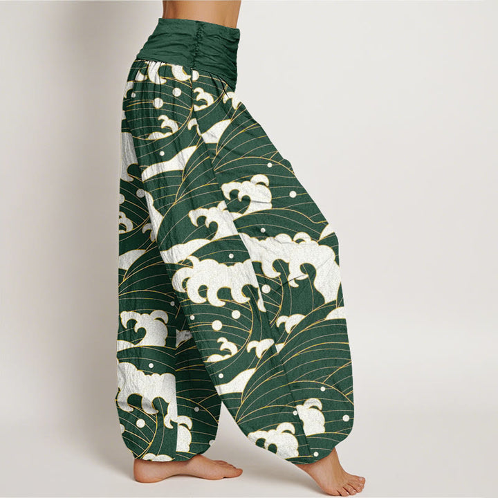 Buddha Stones Cotton Casual Abstract Wave Pattern Women's Elastic Waist Harem Pants - image 5