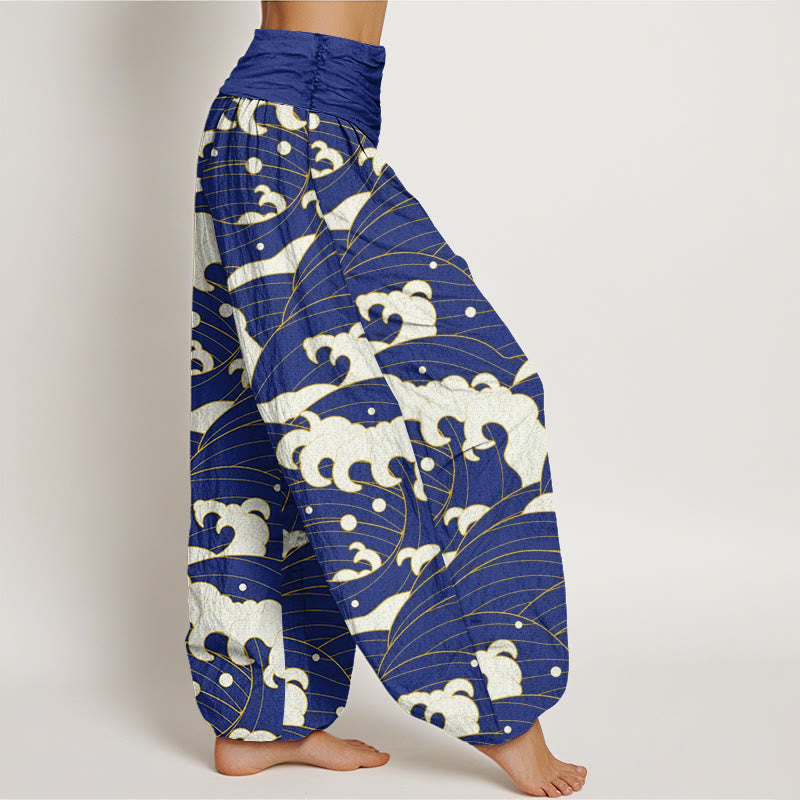 Buddha Stones Cotton Casual Abstract Wave Pattern Women's Elastic Waist Harem Pants - image 8
