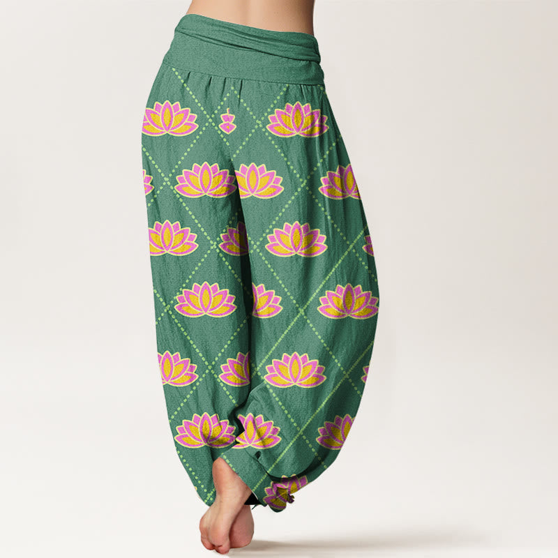 Buddha Stones Casual Vibrant Lotus Flower Pattern Women's Elastic Waist Harem Pants - image 2