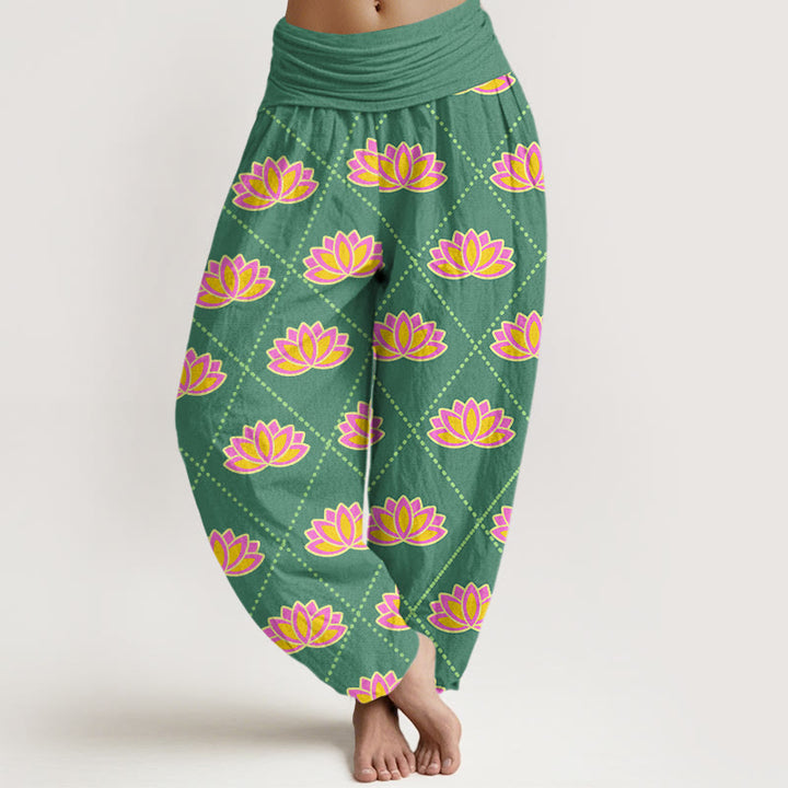 Buddha Stones Casual Vibrant Lotus Flower Pattern Women's Elastic Waist Harem Pants - MediumSeaGreen - US22，UK/AU26，EU54 (6XL) - image 0