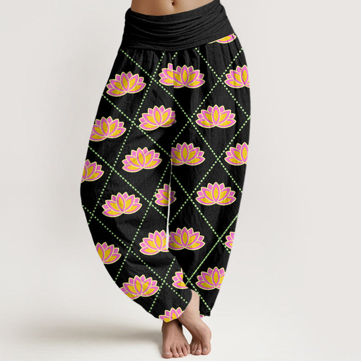 Buddha Stones Casual Vibrant Lotus Flower Pattern Women's Elastic Waist Harem Pants - Black - US22，UK/AU26，EU54 (6XL) - image 4
