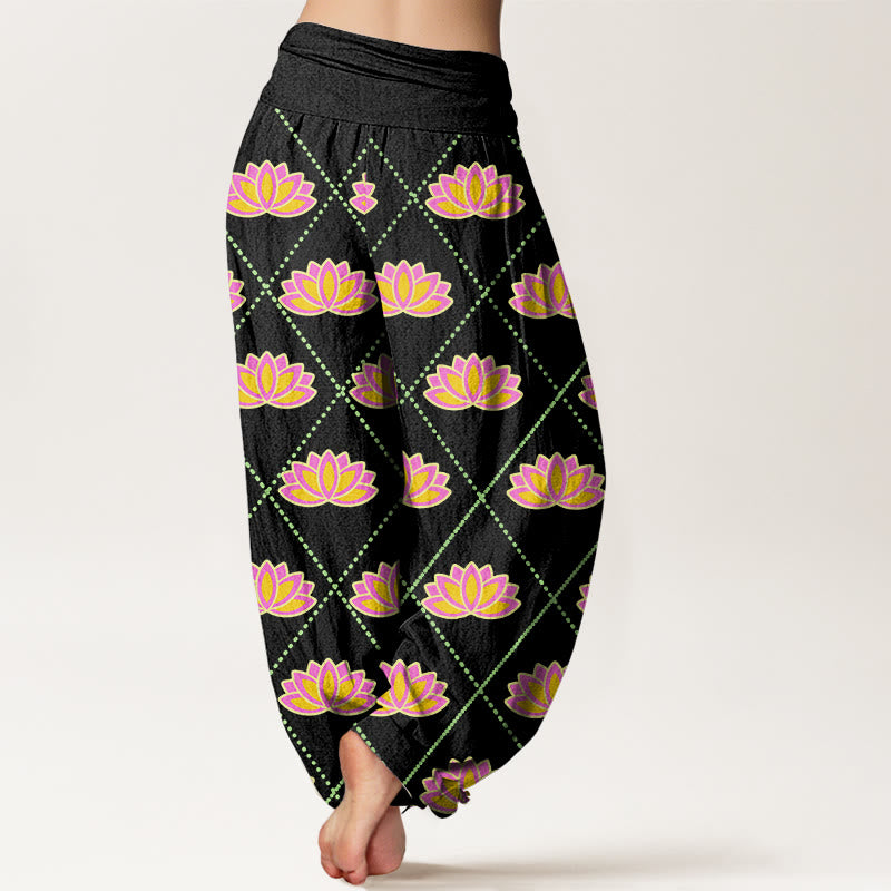 Buddha Stones Casual Vibrant Lotus Flower Pattern Women's Elastic Waist Harem Pants - image 6