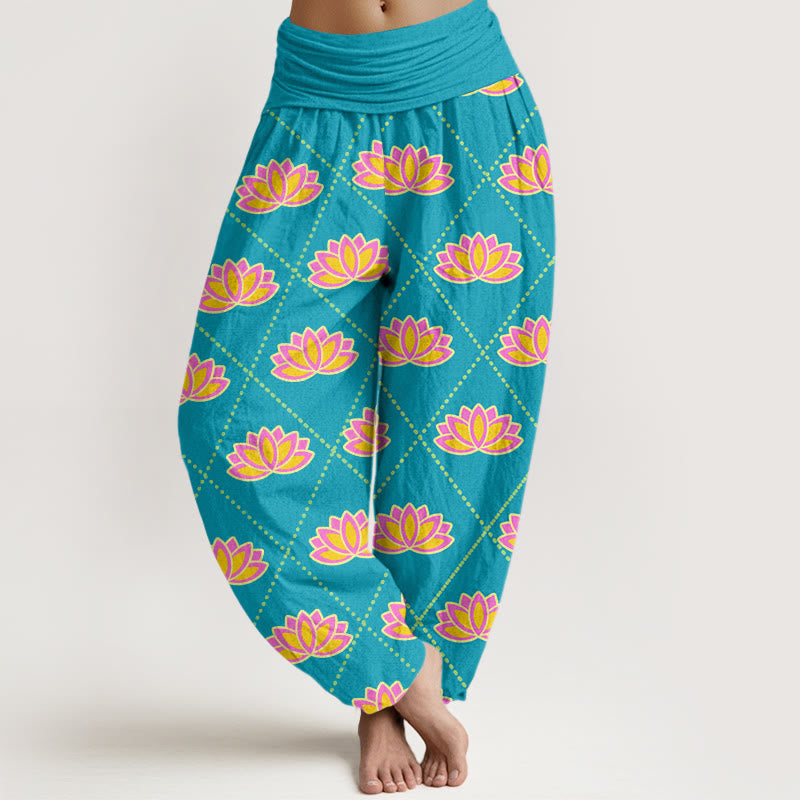 Buddha Stones Casual Vibrant Lotus Flower Pattern Women's Elastic Waist Harem Pants - DeepSkyBlue - US22，UK/AU26，EU54 (6XL) - image 9