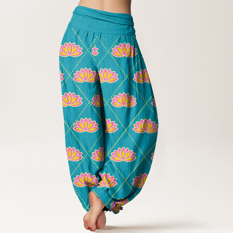 Buddha Stones Casual Vibrant Lotus Flower Pattern Women's Elastic Waist Harem Pants - image 9