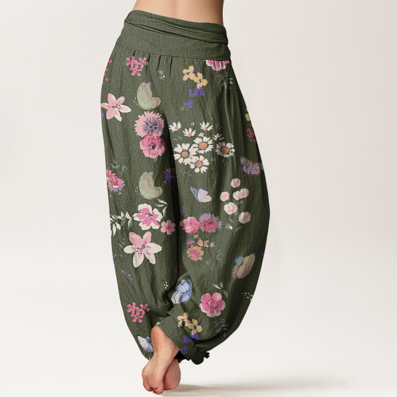 Buddha Stones Cotton Casual Colorful Flowers Butterfly Pattern Women's Elastic Waist Harem Pants - image 6