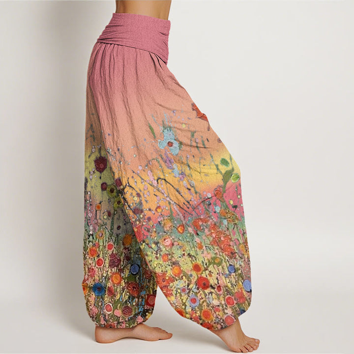 Buddha Stones Cotton Casual Colorful Flowers Gradient Background Pattern Women's Elastic Waist Harem Pants - image 2