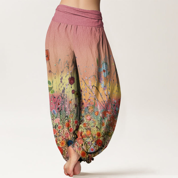 Buddha Stones Casual Colorful Flowers Gradient Background Pattern Women's Elastic Waist Harem Pants - image 1