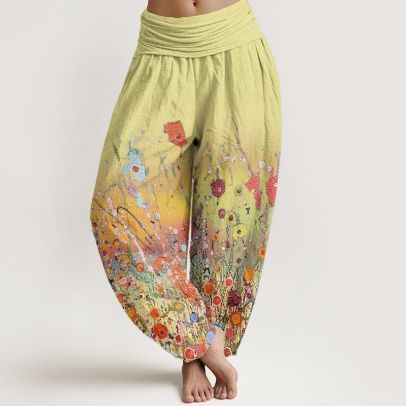 Buddha Stones Casual Colorful Flowers Gradient Background Pattern Women's Elastic Waist Harem Pants - Khaki - US22，UK/AU26，EU54 (6XL) - image 4