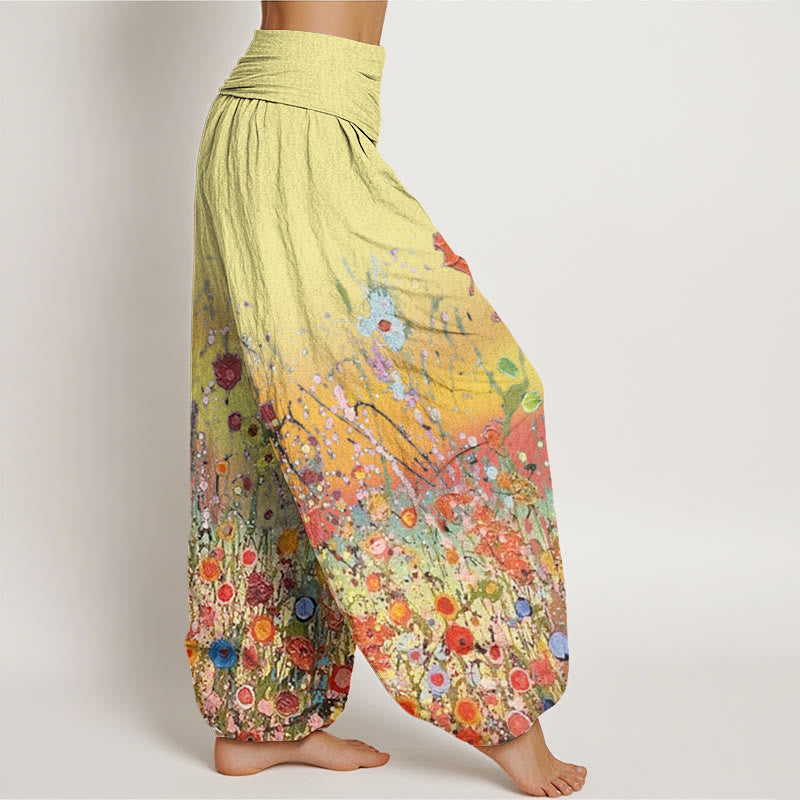 Buddha Stones Casual Colorful Flowers Gradient Background Pattern Women's Elastic Waist Harem Pants - image 6
