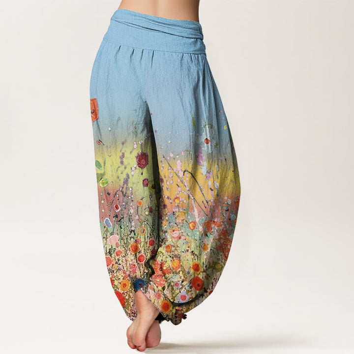 Buddha Stones Cotton Casual Colorful Flowers Gradient Background Pattern Women's Elastic Waist Harem Pants - image 9