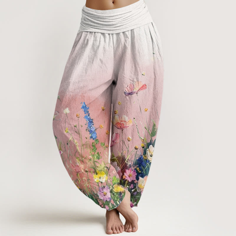 Buddha Stones Cotton Casual Watercolor Style Floral Pattern Women's Elastic Waist Harem Pants - Pink - US22，UK/AU26，EU54 (6XL) - image 0