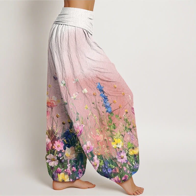Buddha Stones Cotton Casual Watercolor Style Floral Pattern Women's Elastic Waist Harem Pants - image 1