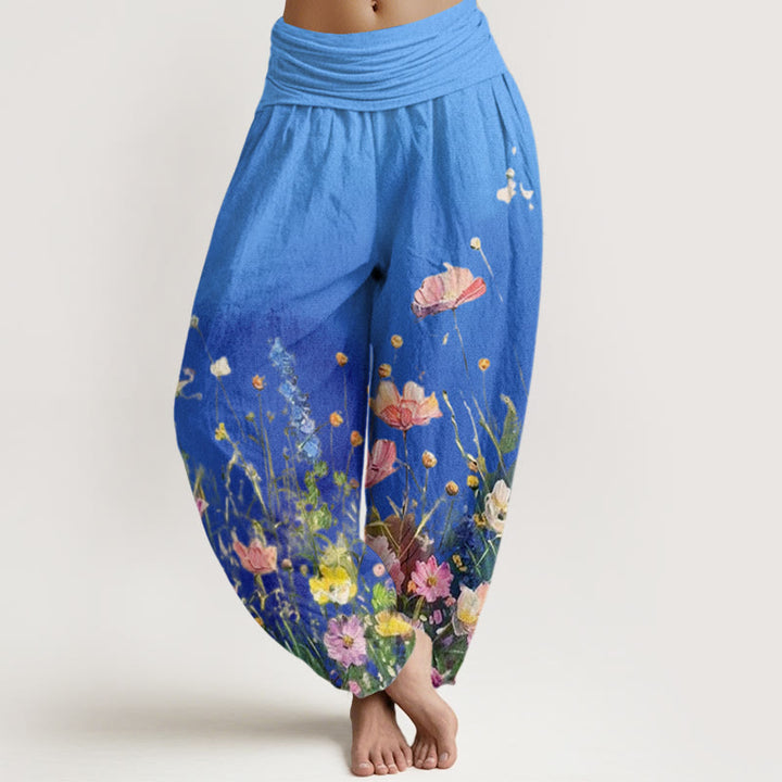 Buddha Stones Cotton Casual Watercolor Style Floral Pattern Women's Elastic Waist Harem Pants - DodgerBlue - US22，UK/AU26，EU54 (6XL) - image 7