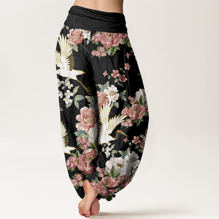 Buddha Stones Casual Cranes Blooming Peony Pattern Women's Elastic Waist Harem Pants - image 2