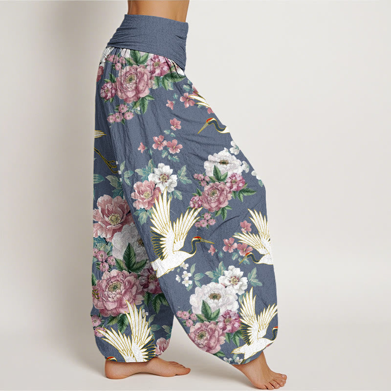 Buddha Stones Casual Cranes Blooming Peony Pattern Women's Elastic Waist Harem Pants - image 5