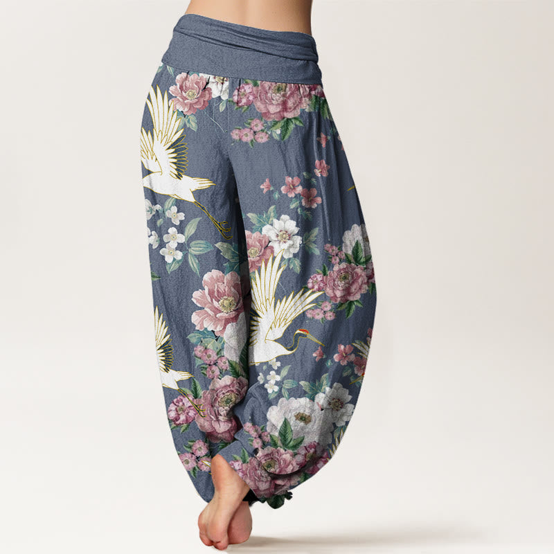 Buddha Stones Casual Cranes Blooming Peony Pattern Women's Elastic Waist Harem Pants - image 6